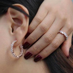 Sterling Silver Firework Baguette CZ Hoop Earrings